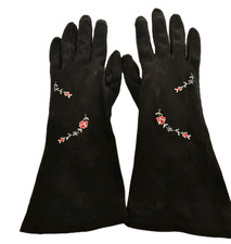 Vintage Women's GLOVES Black w Pink Embriodered Flowers Size small