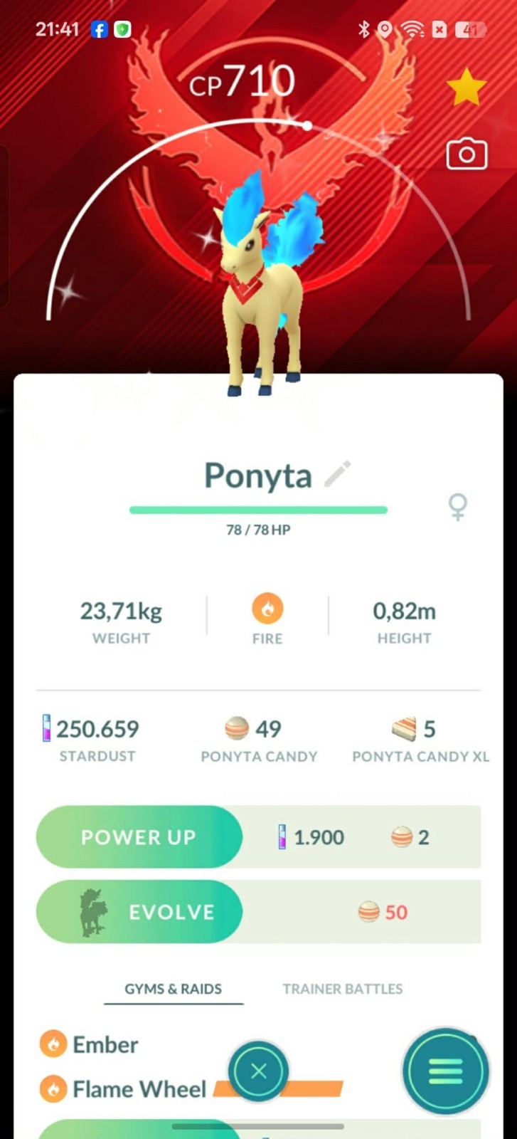 Pokemon Shiny Ponyta wearing a Candela themed accessory Team Valor Background
