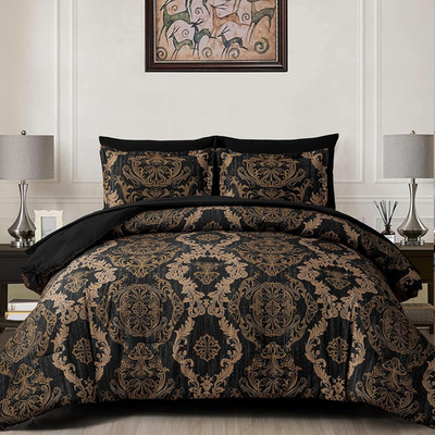 Black Comforter Set Queen Size, Gold Damask Texture 7 Pieces Bed in a Bag Microf