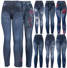 Women's Denim Print Fake Faux Jeans Leggings Pants