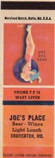 Matchbook cover MD Churchton MD Joe's Place bar pub girlie