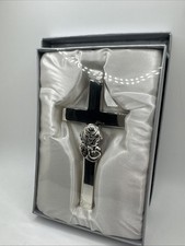 Stephan Baby Satin-Lined Silver Toned Cross With Angel Boy Keepsake Gift NEW