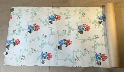 Vintage Roll Of Pink Floral Blue Vases Wallpaper As Is INV-B5G14A