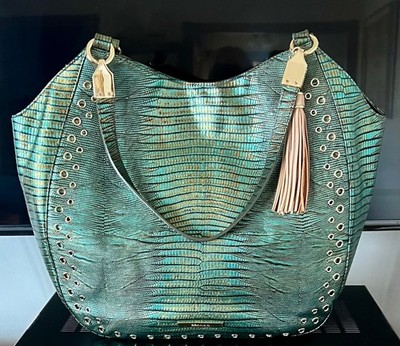     Brahmin Emerald Moa Marianna Purse Blue Green Gold Lizard Grommets Tassel
