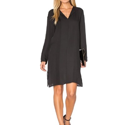 Vince Silk Pintuck Shift Dress Womens 6 Black Pleated V-Neck Luxury Capsule