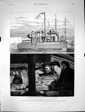 Original Old Antique Print Cleopatras Needle Ship Gravesend Docks Interior 1878