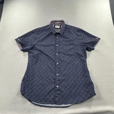 7Diamonds Shirt Mens Large Navy Geometric Print Short Sleeve Button Up Stretch