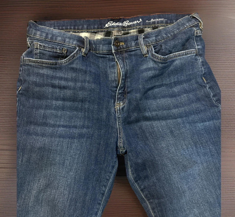 Eddie Bauer Jeans Women’s Size 12 Blue Boyfriend Plaid Flannel Lined Jeans - Image 2 of 4