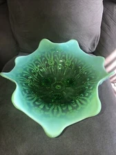 Vintage Northwood ? Ruffled Seafoam Green Opalescent Glass Bowl Candy Dish