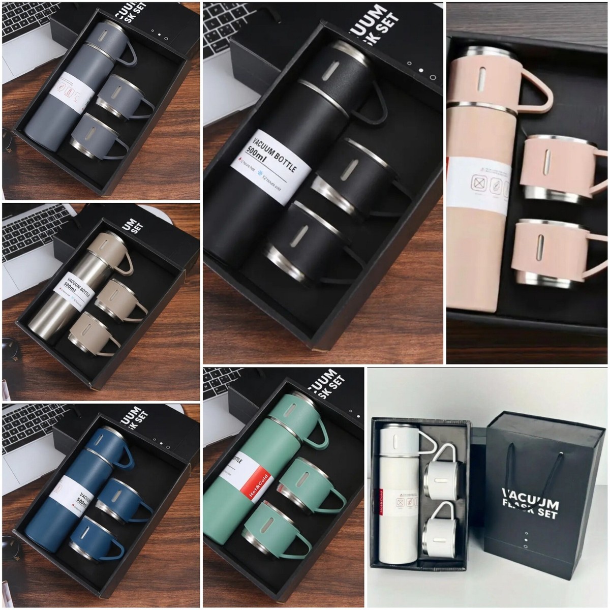 Frasco aislado al vacío botella térmica de acero inoxidable con 2 tazas para café té