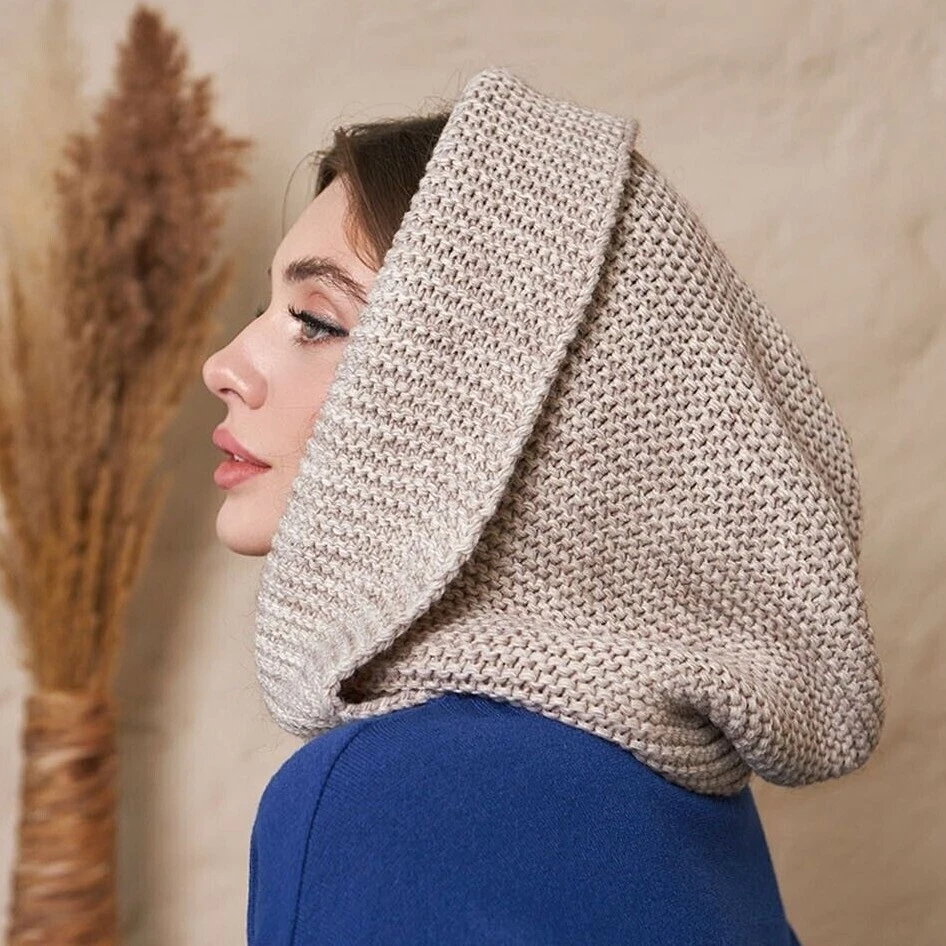 Beige Hooded Scarf Knit Hoodie Scarves Womens Snood Hooded Cowl
