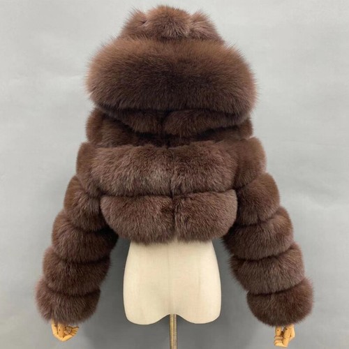 Lady Furry Cropped Faux Fur Coats Fluffy Top Coat W/Hooded Winter Warm Jacket - Picture 35 of 39