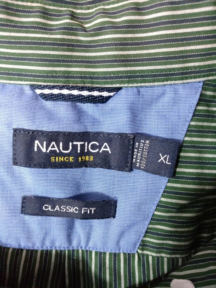 Nautica Classic Fit Men's XL Green Striped Long Sleeve Button Casual Dress Shirt - Image 3 of 4