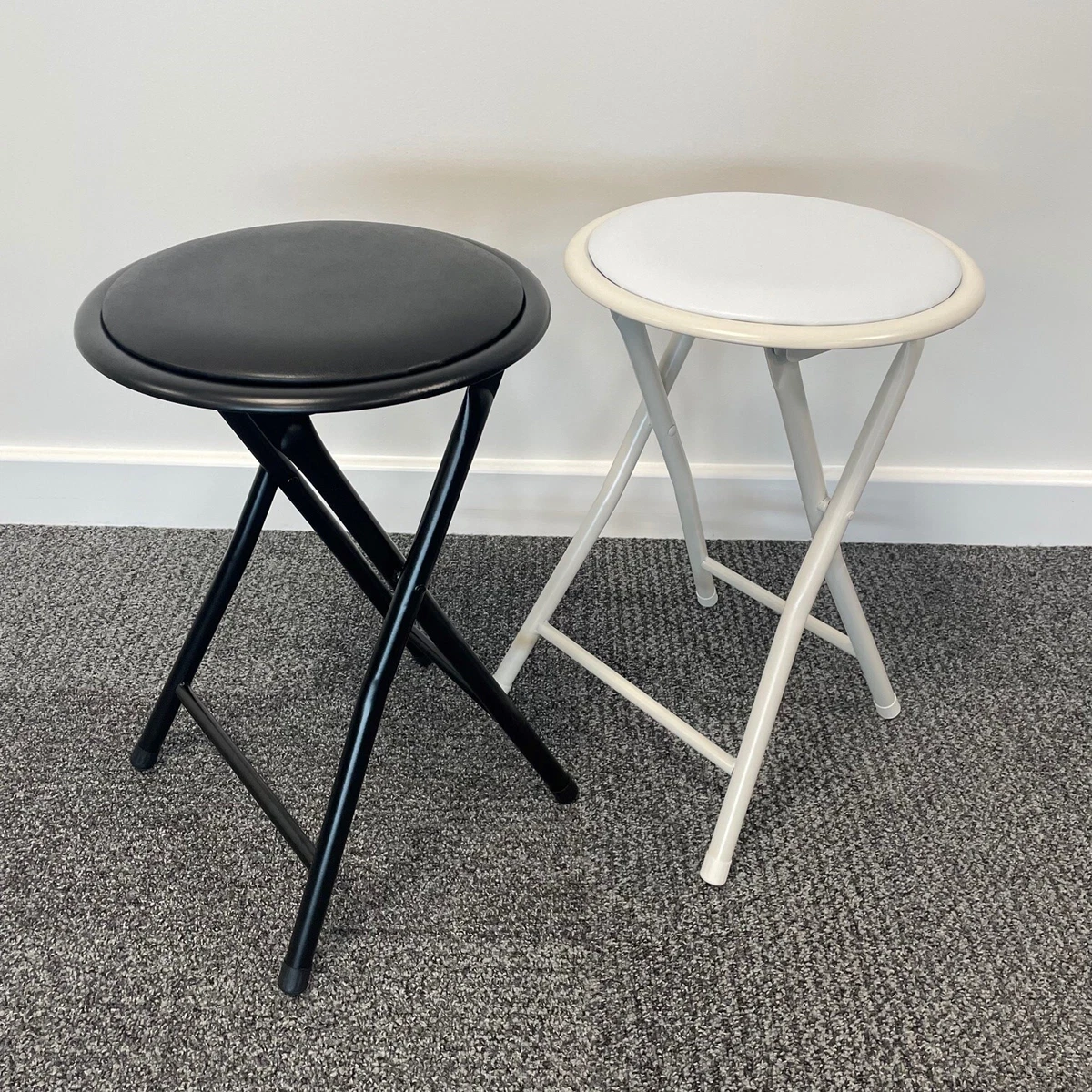 WHITE BLACK FOLDING STOOL ROUND FOLDABLE METAL STOOLS SPACE SAVING