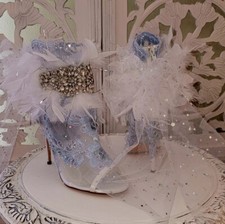 KARA White, Blue  Silver Crystal Bejeweled Feather Mesh Lace Ankle Booties