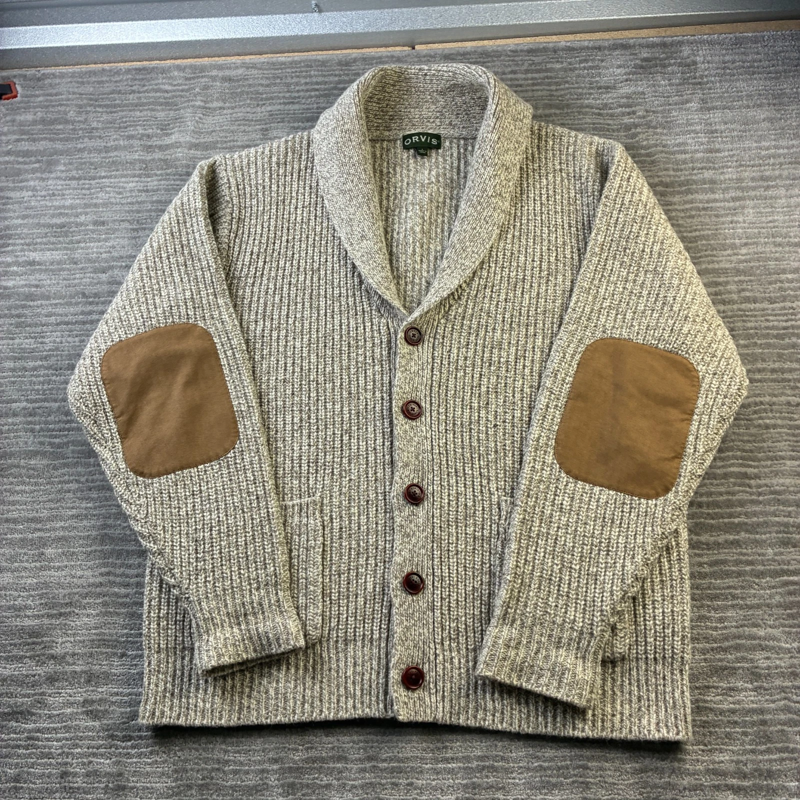 Orvis Sweater Mens Large Beige Tan Shawl Cardigan Pockets Wool Blend Knit