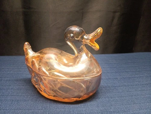 Vintage Jeanette Marigold 6” Carnival Glass Duck Trinket Candy Dish Normal Wear