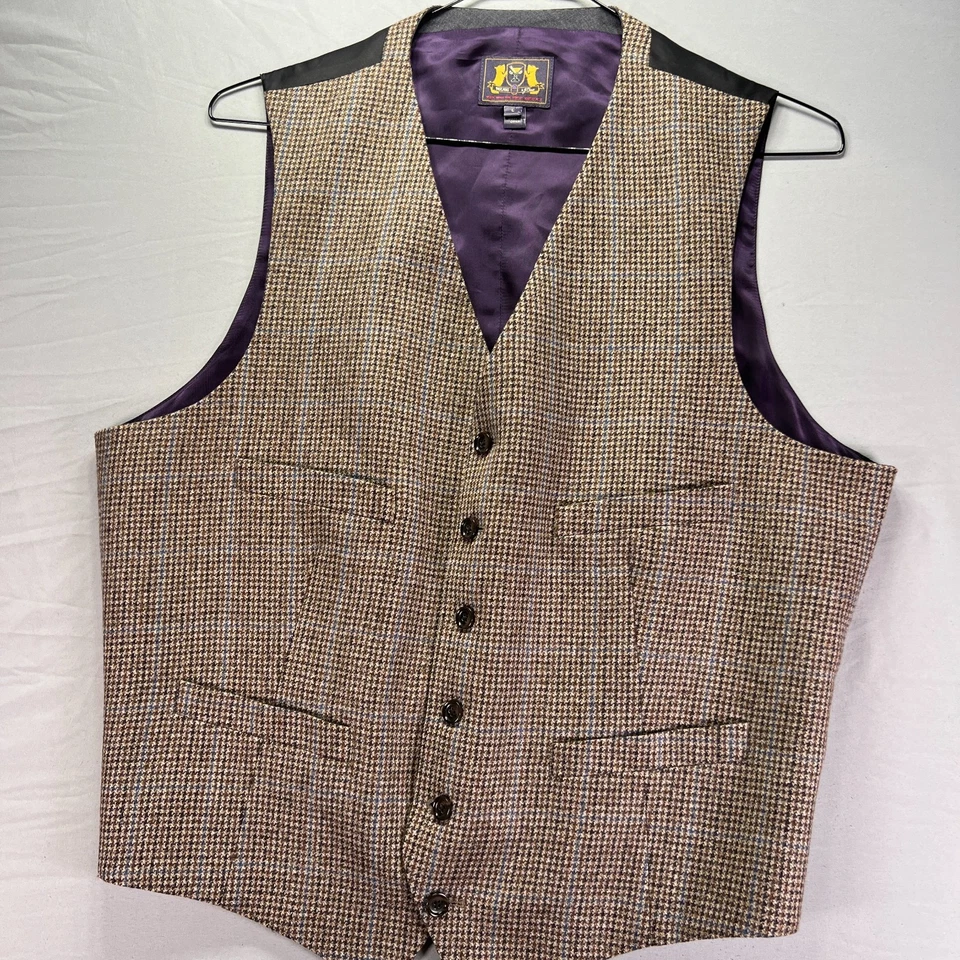 J Crew Vest Mens Large Brown Wool Houndstooth Dress Waistcoat Formal Paul Feig - Image 2 of 4