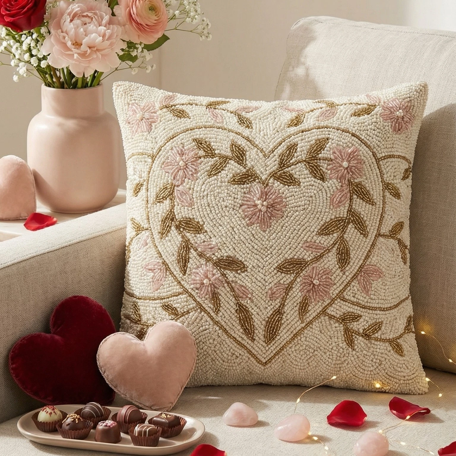 Beaded Heart Floral Throw Pillow Cover – Romantic Cottagecore Decor, 16x16,
Opens in a new window or