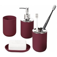 Bathroom Accessory Set, 4 Pcs Plastic Bathroom Set Include Soap Burgundy