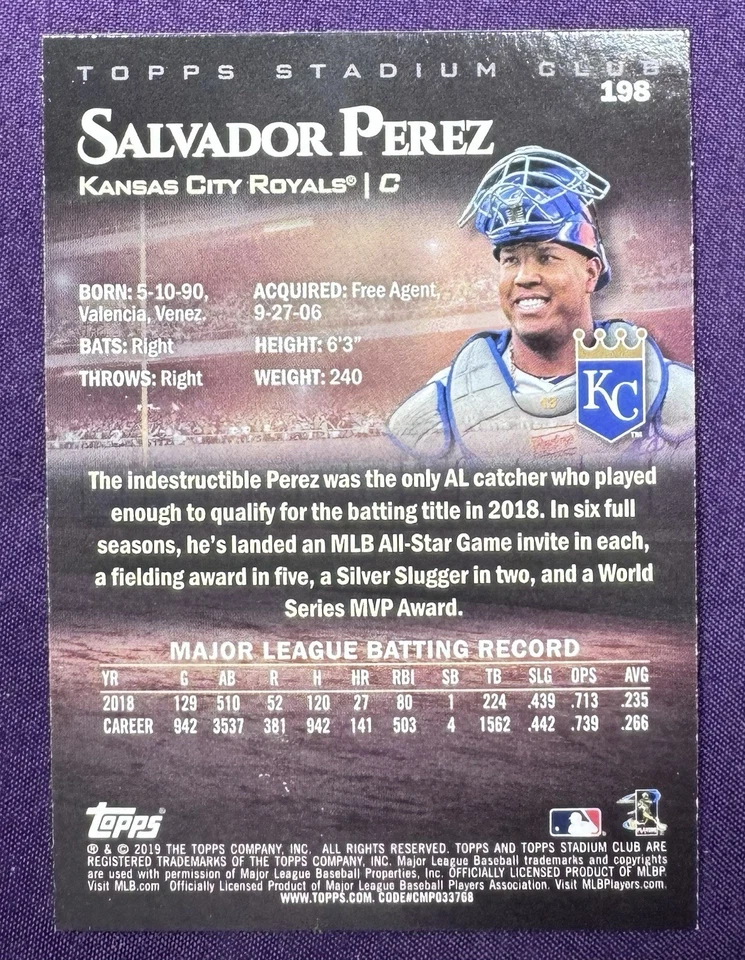 2019 Topps Stadium Club Members Only- Salvador Perez #198 - Case Hit - SSP - Image 2 of 3