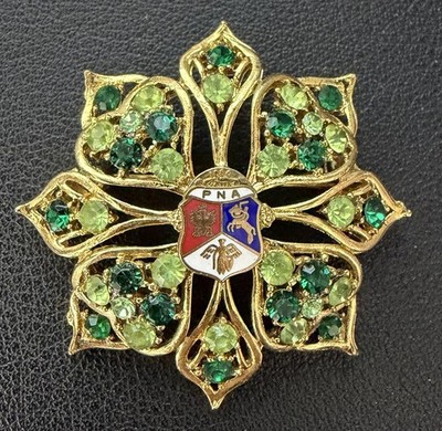 Polish National Alliance Brooch Gold Tone Green Rhinestones Flower