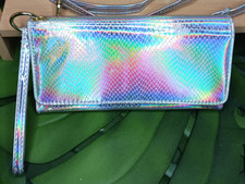 Holographic Faux Snakeskin Texture Wallet  Organizer Removable Strap  8 x 4.5"