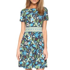 TORY BURCH Wisteria Garden A Line Flare Dress Size Large Cotton Floral Knit