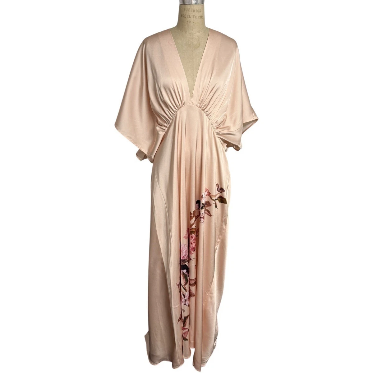 bhldn flutter-sleeve v-neck floral chiffon a-line maxi dress Elegant Wedding Guest Dress with Heart Collar and Mesh Details