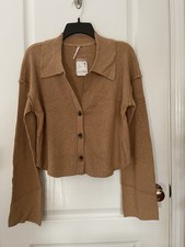 NWT $98 Free People Ella Button-up Sweater Cardigan In Iced Coffee Size L