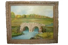 VINTAGE NAIVE OIL PAINTING LIMESTONE BRIDGE IN IOWA S BELLOWS SUSAN ORNATE GESSO