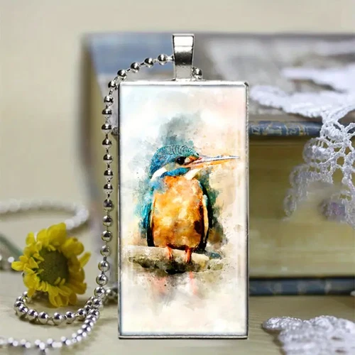 Kingfisher Bird Rectangle Inspirational Jewelry Metal Glass Pendant Necklace - product listing photo