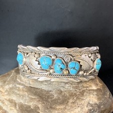 Mens Blue Kingman Turquoise Navajo Sterling Silver Cuff Bracelet 14135