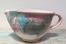 Signed Studio Art Pottery Pouring Mixing Batter Bowl Handle Spout Pink/Aqua/Blue