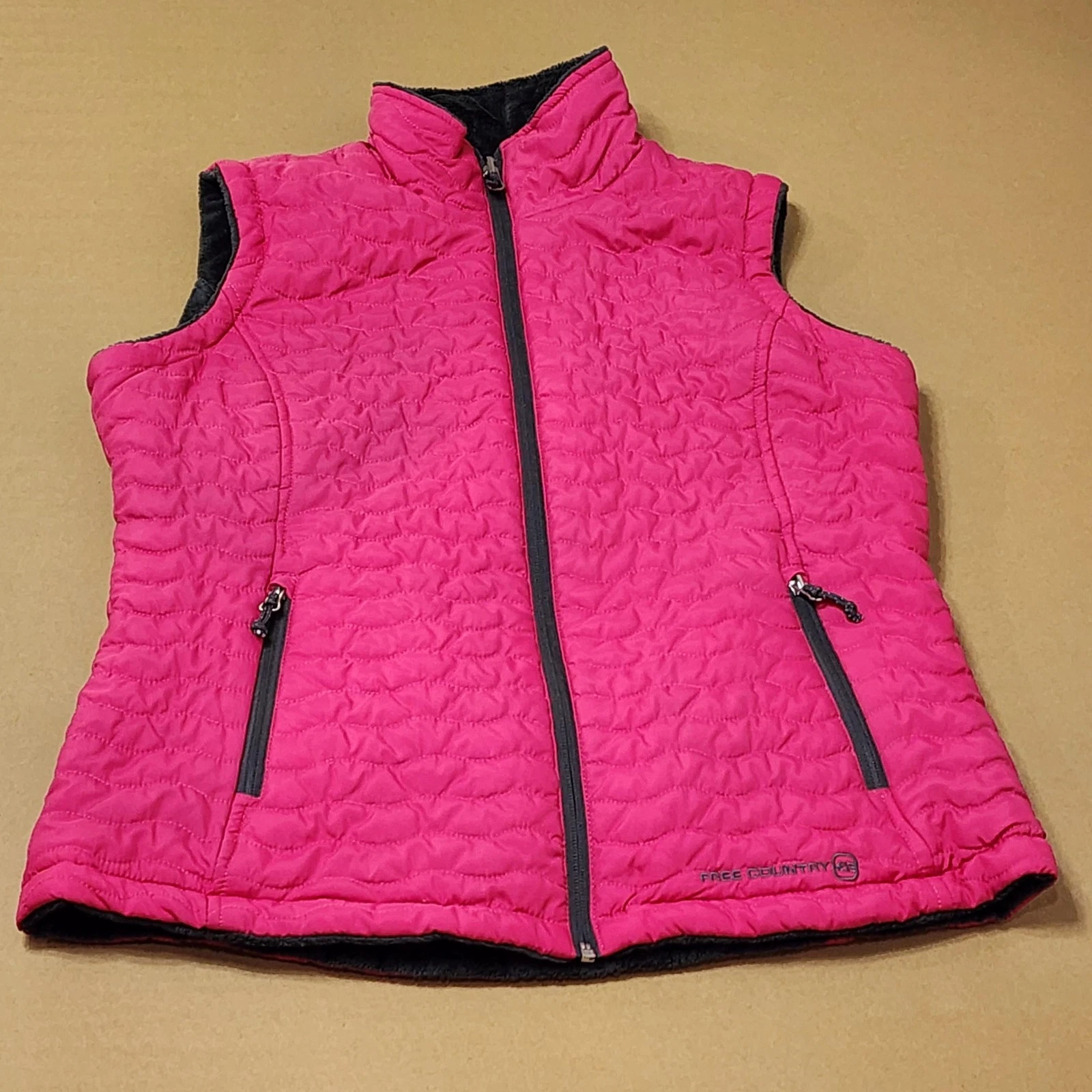 Free Country Puffer Vest Womens Large Pink Gray Reversible Fleece Lined Quilted
