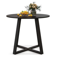 36" Round Wooden Dining Table for 4 w/ Pedestal Base Solid Rubber Wood Frame