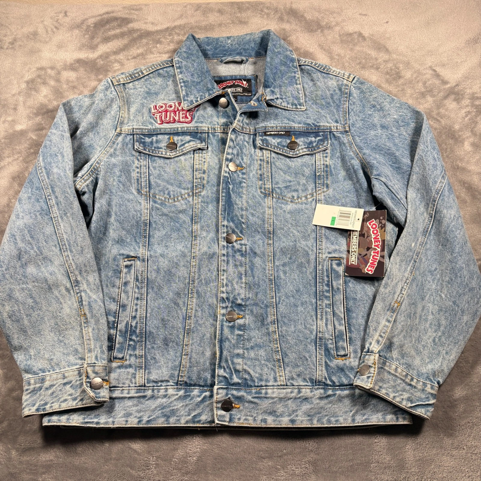 Vintage Members Only Trucker Jacket Mens Large Blue Denim Looney Tunes Retro NWT