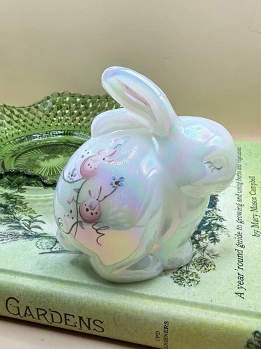 Fenton Hand Painted Iridescent Glass Rabbit Figurine Floral Signed V. Smith