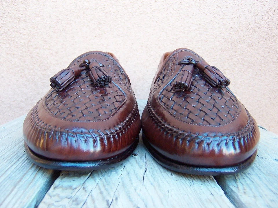 Zapatos de Vestir Informales SANTONI Marrón Tejido Cuero Italiano Borla Mocasines Talla 11.5B Foto 4 de 4