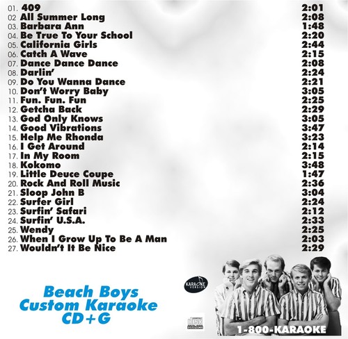 CUSTOM KARAOKE BEACH BOYS 27 GREAT SONG cdg CD+G RARE SURFIN SONGS MORE 60'S v.1 - Picture 2 of 2