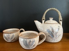 Beautiful Studio Pottery Glazed Tea Pot And Cups Set Signed By Jacalynn
