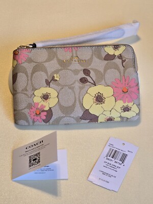 Coach Floral Signature Corner Zip Wristlet Wallet Pouch Light Khaki Multi