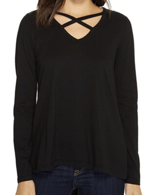 NWT Mod-O-Doc Womens Deluxe Jersey Crisscross V-Neck Long Sleeve Tee Black Sz.XS