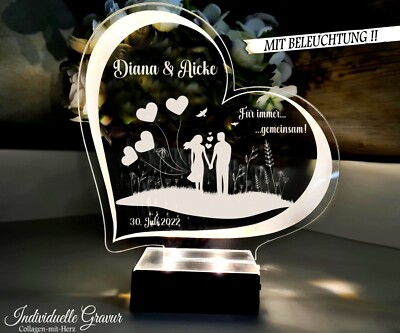 Geschenk  Hocheit Hochzeitstag Jahrestag Paar Liebe Love Gravur BELEUCHTET LED
