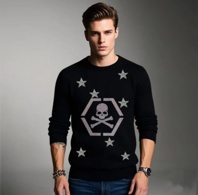 New Men Luxury Diamond Skull Rhinestones Fashion Knitted Black Sweater