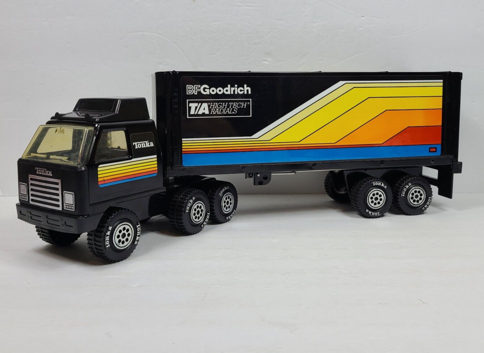 Vintage 1978 Tonka Black Semi Truck & Trailer Toy with BF Goodrich Tires - Excellent Condition