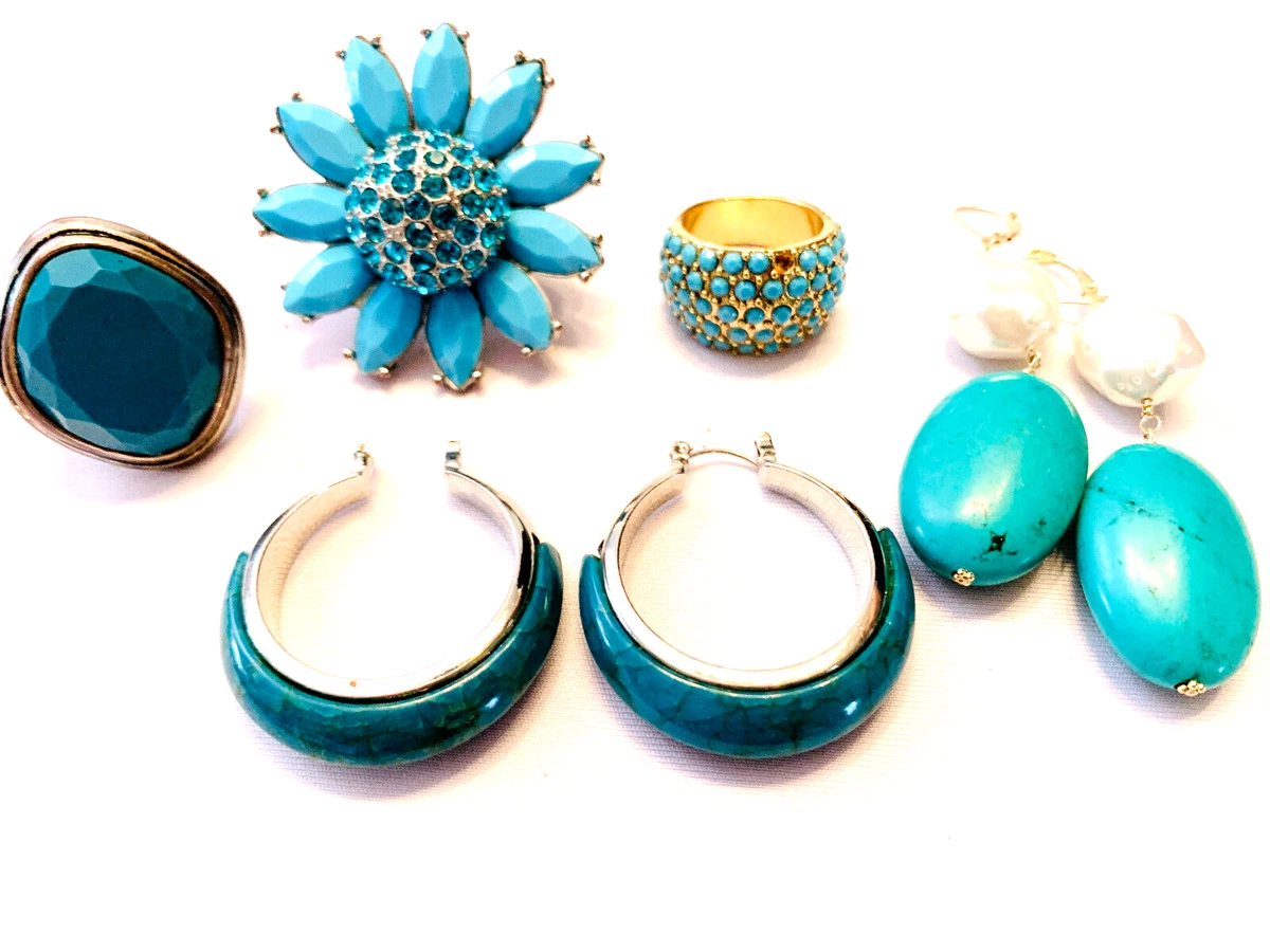 Lot 5 Pcs Turquoise Teal Aqua Vintage Modern Costume Jewelry Earrings Rings