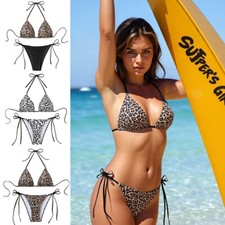 Women's Sexy Bikini Swimwear Set Push-up Bra Top & Thong Leopard Print Swimsuit