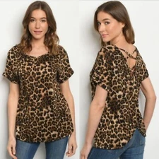 Boutique Criss Cross Back Brown Leopard Print Blouse NWT S