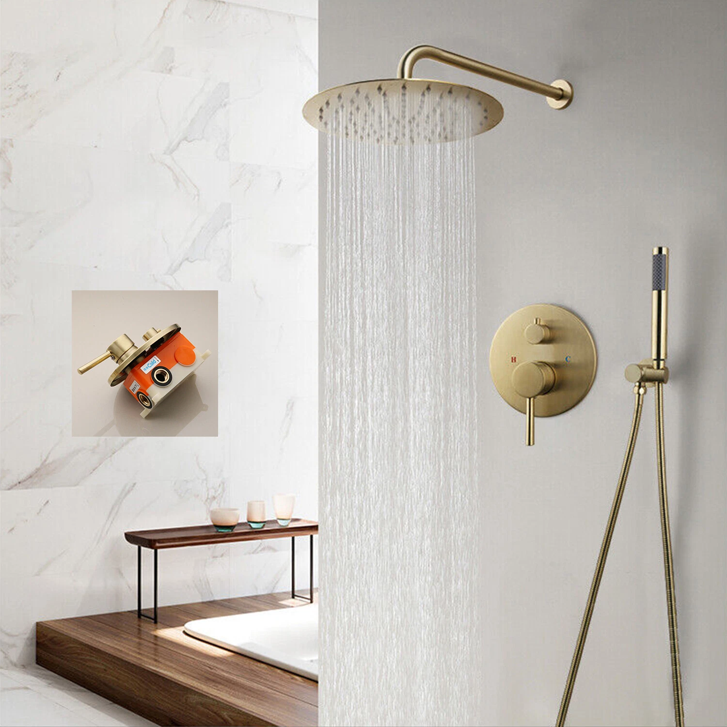 Brushed Gold Round Shower Head Combo 2-Way Mixer & Handheld Shower Tap Kits